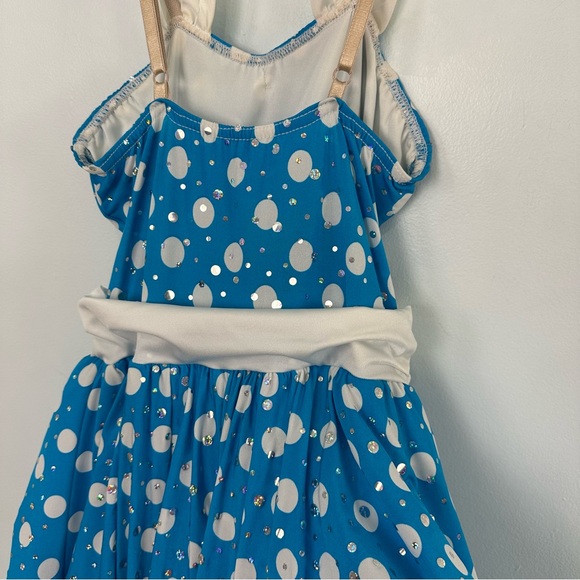 Costume Gallery Small Adult "Happy Dayz" Blue & White Polka Dots Dance Costume - Picture 3 of 12